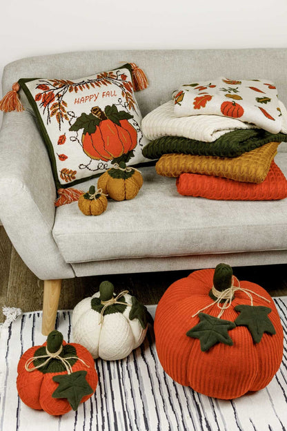 Happy Fall Pumpkin Pillowcase | Knitted Autumn Leaves Cushion with Tassels | Halloween and Thanksgiving Festive Fall Home Decor Gift