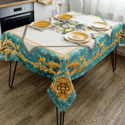 White And Green Tapestry Tablecloth With Lemons, Grapes, Flowers, Gold Monogram Pattern | Luxury Home Decor, Living Room Textile, Gift Idea.