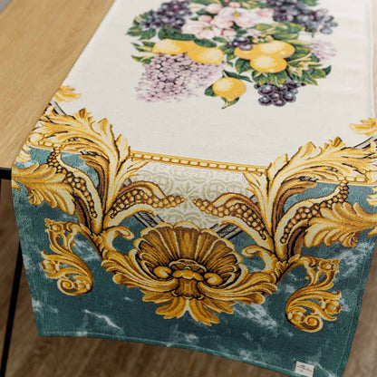 Italian Style Tapestry Table Runner With Lemons, Grapes, Flowers, Gold Monogram Pattern | Luxury Home Decor, Living Room Textile, Gift Idea.