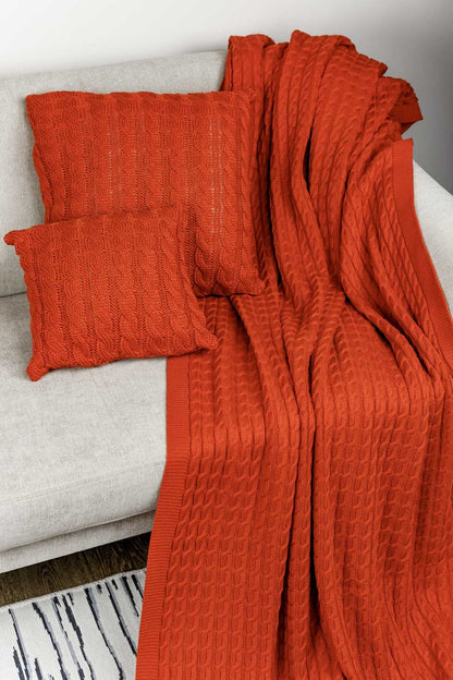 Orange Knitted Throw Blanket | Cozy Cable Knit Sofa Blanket | Soft Blanket for Couch or Bed | Autumn Home Decor Gift, Thanksgiving Housewarming Present