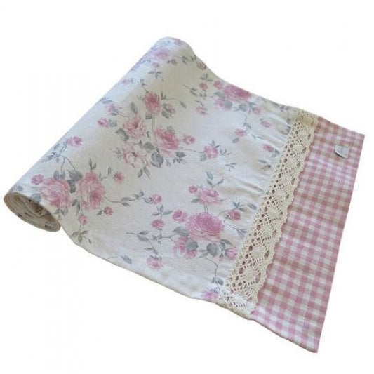 White Table Runner With English Roses Print And Lace Edging | Country Kitchen Textile Set, Home Decor