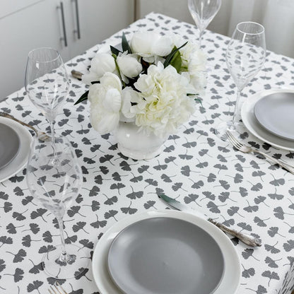 White Cotton Tablecloth With Grey Flowers Pattern | Floral Kitchen Table Cover, Housewarming Present Idea