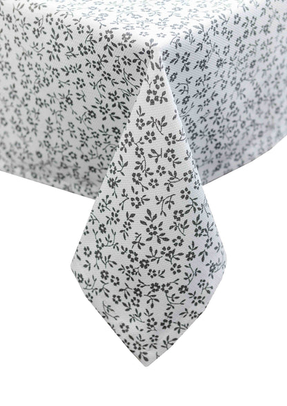 White Cotton Tablecloth With Grey Flowers Pattern | Floral Kitchen Table Cover, Housewarming Present Idea