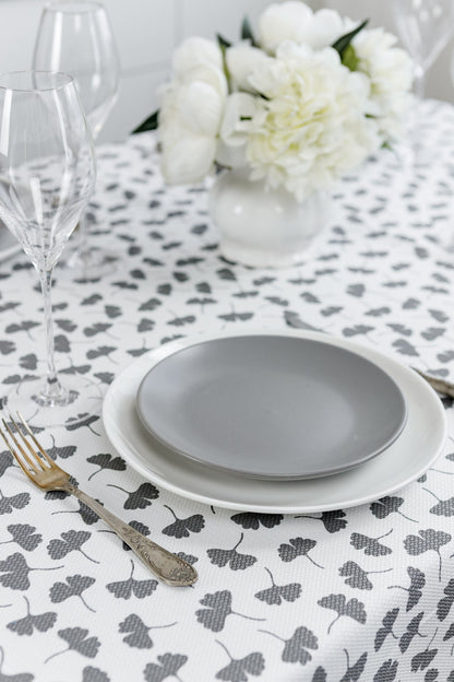 White Cotton Tablecloth With Grey Flowers Pattern | Floral Kitchen Table Cover, Housewarming Present Idea