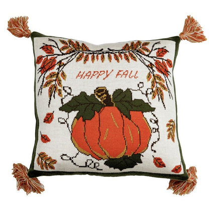 Happy Fall Pumpkin Pillowcase | Knitted Autumn Leaves Cushion with Tassels | Halloween and Thanksgiving Festive Fall Home Decor Gift