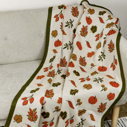 Knitted Fall Blanket | Pumpkin and Autumn Leaves Throw | Halloween Thanksgiving Home Decor | Cozy Living Room Gift