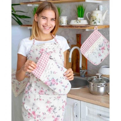 English Roses Cotton Kitchen Apron, Potholder And Oven Mitten With Lace | French Style Floral Textile Set, Housewarming Gift