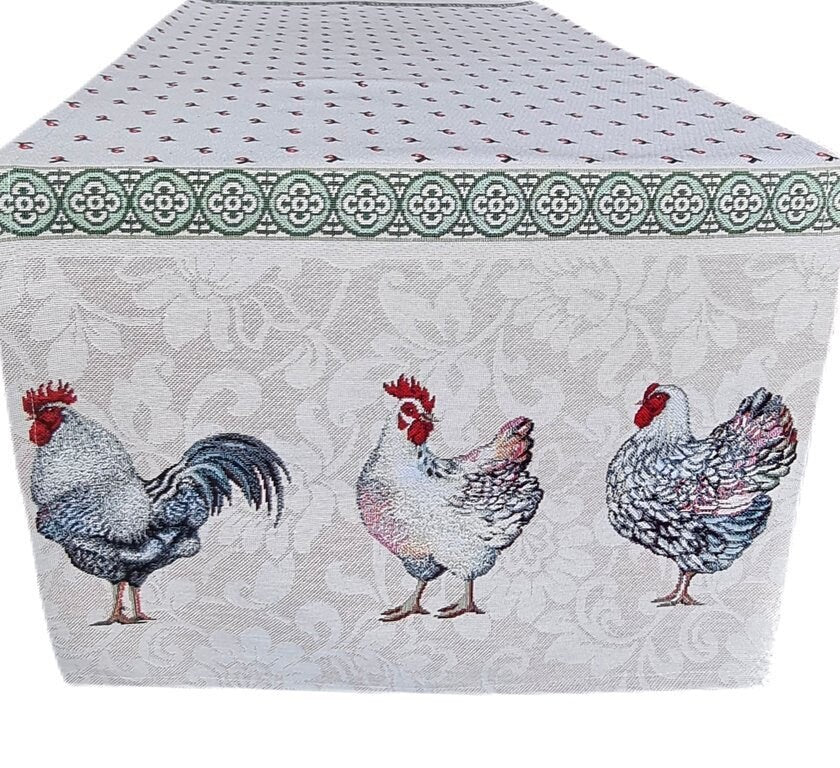 Tapestry Chicken Table Runner | Colourful Roosters Pattern Kitchen Textile Set, Easter Decor