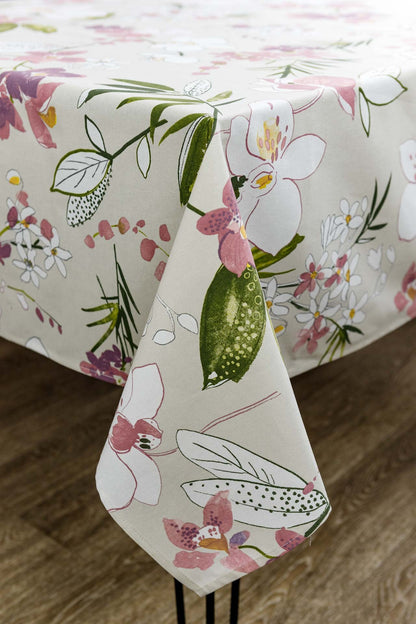 Cotton Orchid Pattern Tablecloth | Pink Floral Kitchen Textile Set, Housewarming Gift