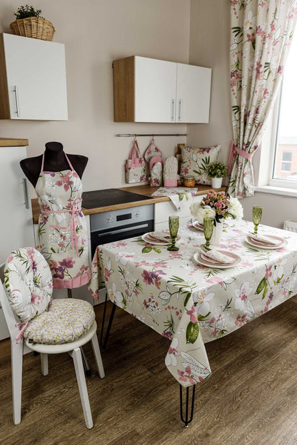 Cotton Orchid Pattern Tablecloth | Pink Floral Kitchen Textile Set, Housewarming Gift