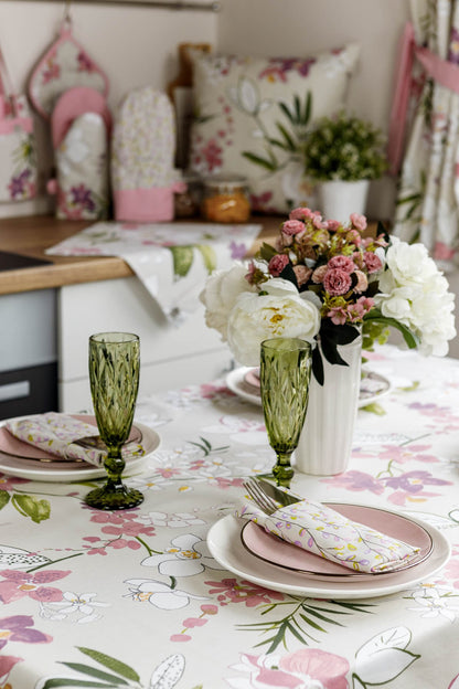 Cotton Orchid Pattern Tablecloth | Pink Floral Kitchen Textile Set, Housewarming Gift