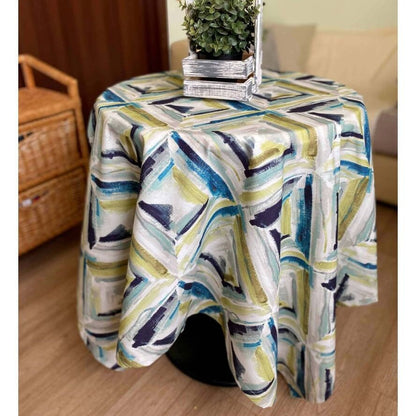 Green And Blue Cotton Geometric Pattern Tablecloth | Squares, Rhombus Textile, Housewarming Present Idea