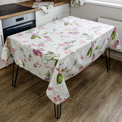 Cotton Orchid Pattern Tablecloth | Pink Floral Kitchen Textile Set, Housewarming Gift